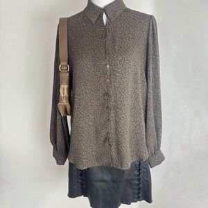 Pleione Brown Leopard Print Button Up Blouse Size Small